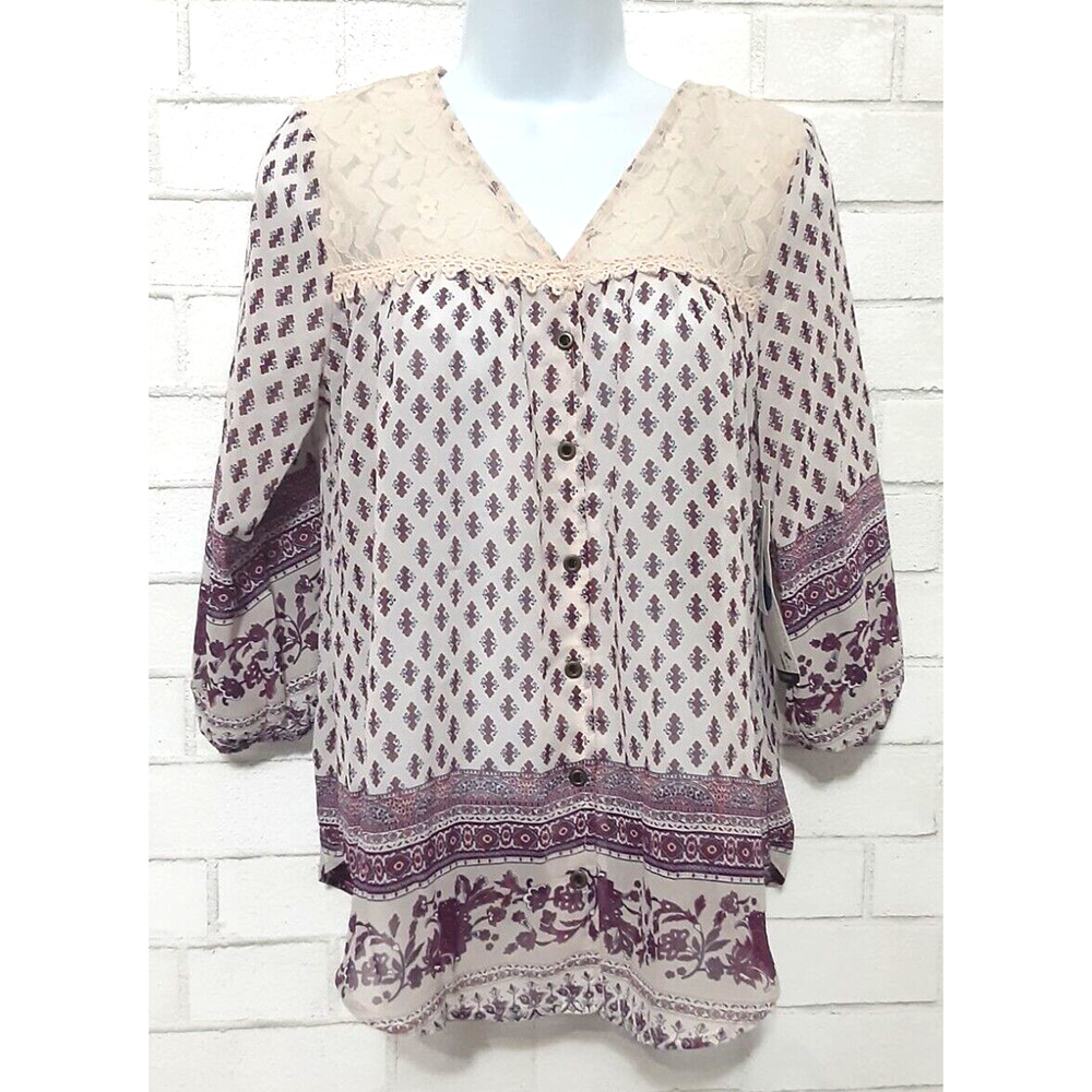 Society Girl Women's Shirt Size S Sheer Boho Balloon Sleeve Blouse Button Down